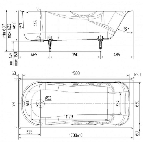 Универсал Чугунная ванна Сибирячка с ручками 170x75