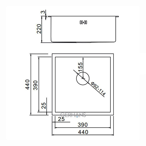 Мойка для кухни врезная GERHANS RK34444B графит из нержавеющей стали, 44*44 см с сифоном