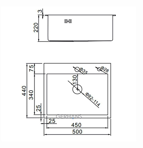 GERHANS Мойка K35044B из нержавеющей стали 500х440х220 с сифоном, Графит