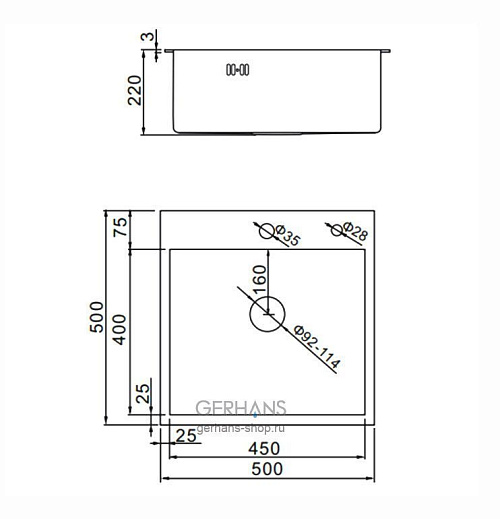 Мойка для кухни врезная GERHANS RK35050B графит из нержавеющей стали, 50х50 см с сифоном